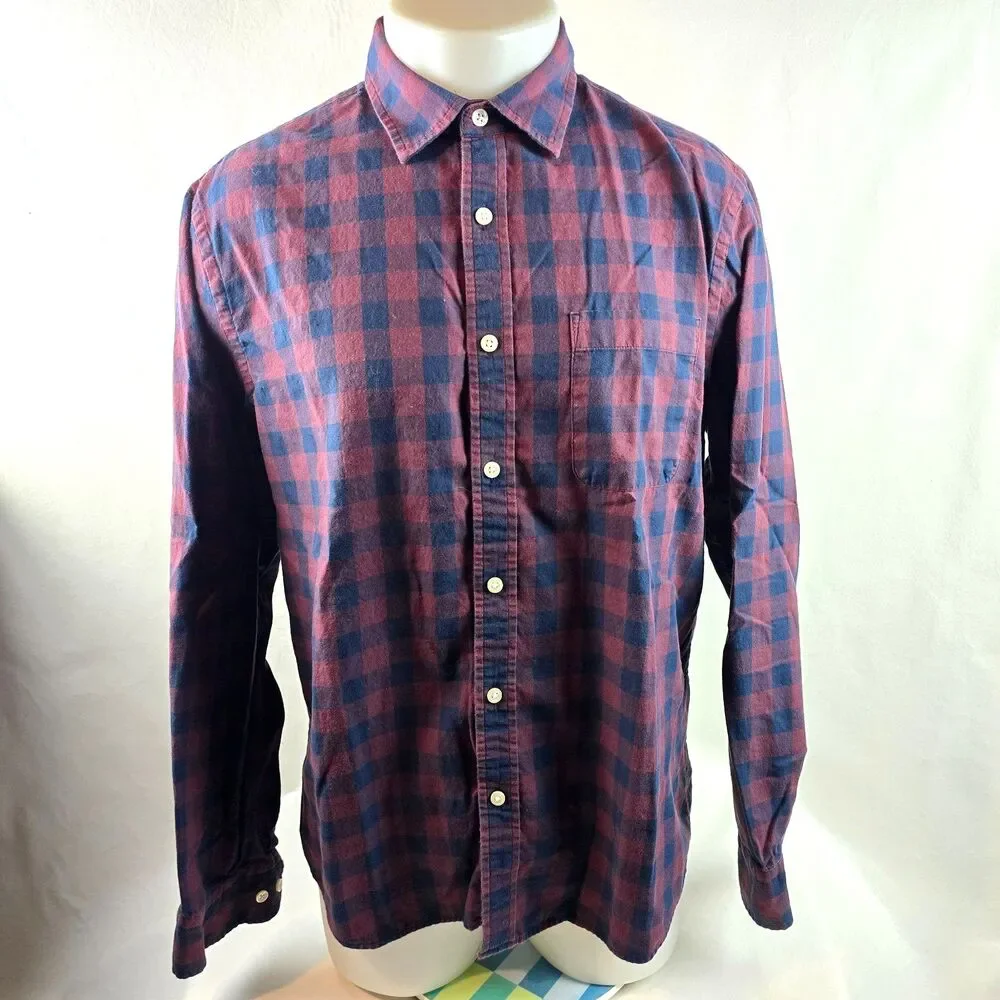 Banana Republic Shirt Mens Large Red Blue Plaid Button Up Long Sleeve Untucked